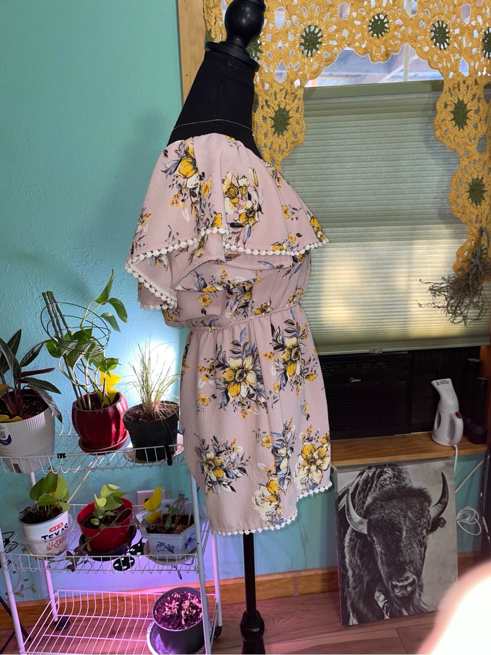 Pink Floral Off-Shoulder Romper with Ruffle - Picture 2 of 3